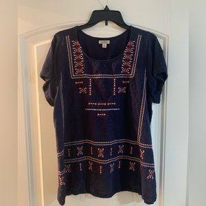 Lucky Brand Women's Navy Blue Embroidered Tunic Top 3/4 Length Sleeves 1X